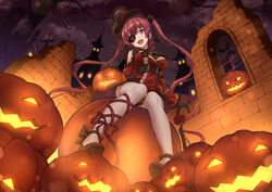  :d absurdres asanaya bare_tree bat_(animal) black_gloves black_hat black_ribbon black_sky blurry bokeh breasts cane castle cleavage clothing_cutout commentary depth_of_field dress drill_hair eyepatch female gloves graveyard hair_ribbon halloween hat head_tilt heterochromia highres hololive houshou_marine houshou_marine_(gothic_lolita) jack-o&#039;-lantern large_breasts long_hair looking_at_viewer night night_sky official_alternate_costume official_alternate_hair_length official_alternate_hairstyle open_mouth outdoors red_dress red_eyes red_footwear red_hair revision ribbon see-through see-through_cleavage shoes short_dress shoulder_cutout sitting sky smile solo star_(sky) starry_sky thighhighs top_hat tree twintails very_long_hair virtual_youtuber white_thighhighs yellow_eyes 