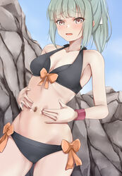  ass_visible_through_thighs bare_shoulders bikini black_bikini blush breasts brown_eyes cleavage dutch_angle female green_hair hair_ribbon hands_on_own_stomach highres kantai_collection koru_pera looking_at_viewer navel official_alternate_costume ponytail ribbon small_breasts solo spread_navel stomach swimsuit white_ribbon yuubari_(kancolle) yuubari_kai_ni_(swimsuit_mode)_(kancolle) 