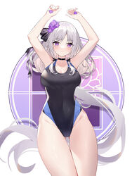  arms_up ass_visible_through_thighs bare_arms black_choker black_one-piece_swimsuit black_ribbon blush braid breasts choker cleavage closed_mouth collarbone commentary_request competition_swimsuit covered_navel cowboy_shot eyes_visible_through_hair female floating_hair flower grey_hair hair_flower hair_ornament hair_ribbon highres large_breasts long_hair looking_at_viewer one-piece_swimsuit original parted_bangs purple_eyes purple_flower ribbon shiny_skin side_braid sidelocks smile solo swimsuit thigh_gap tress_ribbon very_long_hair white_background yuia 