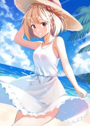  .com_(bot_com1) :d arm_up bare_arms bare_shoulders blonde_hair blue_sky cloud commentary cowboy_shot day dress female grin hair_ribbon hat highres looking_at_viewer lycoris_recoil nishikigi_chisato ocean outdoors parted_lips red_eyes red_ribbon ribbon see-through short_hair sky sleeveless sleeveless_dress smile solo straw_hat sundress water white_dress yellow_hat 