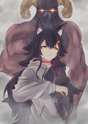  absurdres animal_ear_fluff animal_ears black_hair commentary creature expressionless female hatotaurus_(ookami_mio) highres hololive hood hood_down hoodie kohiiro long_hair long_sleeves official_alternate_costume ookami_mio ookami_mio_(casual) virtual_youtuber wolf_ears yellow_eyes 