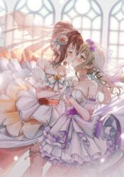  2girls bang_dream! bare_shoulders blonde_hair bow breasts bridal_garter bridal_veil bride brown_eyes brown_hair choker cleavage closed_eyes collarbone commentary_request dress ear_piercing earrings flower flower_choker french_kiss from_side gloves hair_bun hair_flower hair_ornament hairbow holding_hands ichigaya_arisa interlocked_fingers jewelry kissing layered_dress long_hair looking_at_another medium_breasts medium_hair multiple_girls munape necklace off-shoulder_dress off_shoulder piercing profile purple_flower purple_rose revision ribbon rose see-through sidelocks single_hair_bun strapless strapless_dress stud_earrings toyama_kasumi twintails veil wedding wedding_dress white_bow white_choker white_dress white_gloves wife_and_wife yuri 