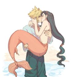  1boy black_hair blonde_hair blue_eyes blush breasts carrying cloud_strife commentary_request couple earrings female final_fantasy final_fantasy_vii final_fantasy_vii_remake hair_ornament highres jewelry kissing large_breasts long_hair looking_at_another low-tied_long_hair mermaid midriff monster_girl monsterification princess_carry pudelmudel scales shell shell_bikini spiked_hair straight tifa_lockhart 