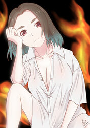  arm_between_legs artist_name black_background bob_cut breasts brown_hair cleavage closed_mouth collarbone commentary dated dress_shirt elbow_rest eyelashes female fire frown gaen_tooe gradient_hair green_hair head_rest head_tilt huumoon knee_up large_breasts looking_at_viewer monogatari_(series) multicolored_hair naked_shirt no_pants obon one-hour_drawing_challenge orange_background owarimonogatari parted_bangs partially_unbuttoned plunging_neckline red_eyes shirt short_hair short_sleeves signature sitting solo thick_eyebrows white_shirt 