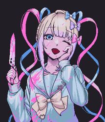  black_background blood blood_in_hair blood_on_clothes blood_on_face blood_on_hands blood_on_knife blue_bow blue_eyes blue_hair blue_shirt bow chouzetsusaikawa_tenshi-chan commentary eencya female grey_hair hair_ornament hairbow hand_on_own_cheek hand_on_own_face heart heart_hair_ornament holding holding_knife knife long_hair long_sleeves looking_at_viewer multicolored_hair multiple_hair_bows needy_girl_overdose official_art open_mouth pin pink_blood pink_bow pink_hair pixel_art purple_bow quad_tails sailor_collar school_uniform serafuku shirt simple_background smile solo straight-on symbol-only_commentary upper_body very_long_hair 