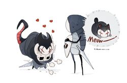  1boy 2others artist_name black_cloak cloak dated feline from_side grimmchild heart highres holding holding_mask holding_sword holding_weapon hollow_eyes hollow_knight hug hug_from_behind k-bone knight_(hollow_knight) mask multiple_others nail_(hollow_knight) pure_nail_(hollow_knight) quirrel simple_background standing sweat sword trembling weapon white_background 