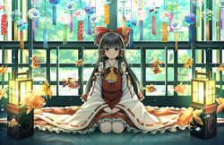  animal ascot bangs banned_artist black_hair bow closed_mouth collared_shirt commentary_request day detached_sleeves eyebrows_visible_through_hair female fish frilled_bow frilled_neckwear frilled_skirt frills hair_tubes hairbow hakurei_reimu hands_on_lap indoors lantern long_hair long_sleeves looking_at_viewer nail_polish red_bow red_eyes red_nails red_shirt red_skirt ribbon-trimmed_skirt ribbon-trimmed_sleeves ribbon_trim seiza shirt sidelocks sitting skirt sleeveless sleeveless_shirt sleeves_past_wrists solo touhou very_long_hair white_sleeves wide_sleeves wind_chime yellow_neckwear yuuka_nonoko 