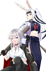  2girls animal_ears azur_lane baseball_bat black_choker black_gloves black_pants black_ribbon blue_eyes blue_skirt bubble chinese_commentary choker cloak commentary cross cross_necklace eternity_(shadeh) fingerless_gloves gloves grey_hair hair_ribbon hand_on_own_hip highres hiryuu_(after_school_bullies)_(azur_lane) hiryuu_(azur_lane) holding holding_baseball_bat jewelry long_hair long_skirt looking_at_viewer looking_away medium_hair multiple_girls navel necklace official_alternate_costume pants ponytail rabbit_ears ribbon school_uniform shirt sitting skirt standing washington_(azur_lane) white_background white_hair white_shirt 