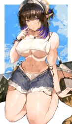  absurdres arknights arm_support bikini bikini_under_shorts black_hair blue_eyes blue_hair blue_sky border bracelet breasts commentary_request commission earrings eunectes_(arknights) female finger_to_mouth highres jewelry kneeling large_breasts looking_at_viewer multiple_bracelets multiple_earrings muscular muscular_female necklace parted_lips pointy_ears sandals second-party_source see-through short_hair short_ponytail short_shorts shorts sky snake_girl snake_tail solo stomach swimsuit tail thighs underboob white_bikini white_headwear yuki_flourish 