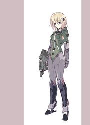  absurdres android blonde_hair blue_eyes breasts clenched_hand female green_leotard gun highres holding holding_gun holding_weapon ishiyumi leotard mechanical_arms mechanical_buddy_universe mechanical_legs medium_breasts momdroid_(mechanical_buddy_universe) science_fiction short_hair solo weapon white_background 