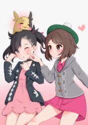  2girls :3 absurdres arm_up arms_up asymmetrical_bangs black_choker black_hair black_jacket blush bob_cut bobblehat brown_eyes brown_hair cardigan cheek_poking choker collar collared_dress dress from_side gloria_(pokemon) gradient_background green_headwear grey_cardigan hair_ribbon hand_up hands_up hat heart highres jacket leg_up legs_apart long_sleeves looking_at_another marnie_(pokemon) matcha_amigo morpeko morpeko_(full) multiple_girls on_head one_eye_closed open_clothes open_jacket open_mouth outstretched_arm pink_background pink_dress pink_ribbon pokemon pokemon_(creature) pokemon_on_head pokemon_swsh poking pom_pom_(clothes) ribbon shaved_head short_hair short_twintails simple_background spiked_hair studded_jacket studs swept_bangs tam_o&#039;_shanter twintails two_side_up v_arms white_background 