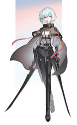  absurdres black_gloves black_pants blue_hair cloak commentary_request crossed_legs dual_wielding expressionless female full_body gloves highres holding holding_sword holding_weapon looking_at_viewer original pants red_eyes sheath shirt short_hair simple_background solo standing sword tsuki-shigure unsheathed watson_cross weapon white_shirt 