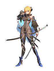  absurdres armored_boots asymmetrical_dual_wielding bad_id bad_pixiv_id black_bodysuit blonde_hair bodysuit boots breasts cape closed_mouth commentary_request covered_navel dual_wielding female full_body gun hair_between_eyes high_heel_boots high_heels highres holding holding_gun holding_sword holding_weapon jinlin katana looking_at_viewer md5_mismatch medium_breasts multiple_swords multiple_weapons original over_shoulder sheath sheathed short_hair simple_background solo standing swept_bangs sword tachi-e v-shaped_eyebrows weapon weapon_over_shoulder white_background yellow_eyes 