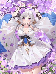  arm_ribbon arms_up black_choker black_ribbon blush breasts choker cleavage closed_mouth collarbone commentary_request cowboy_shot detached_sleeves dress eyes_visible_through_hair female flower grey_dress grey_hair hair_flower hair_ornament hair_ribbon highres large_breasts long_hair looking_at_viewer original parted_bangs pleated_dress purple_eyes purple_flower ribbon short_dress sidelocks sleeveless sleeveless_dress smile solo tress_ribbon very_long_hair wide_sleeves yuia 