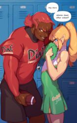  2boys absurdres american_football_(object) american_football_uniform ball blue_eyes blush cheerleader combos_&amp;_doodles commentary contemporary covering_own_mouth crossdressing dark_skin dress earrings embarrassed english_commentary english_text full-face_blush ganondorf gerudo green_dress hair_ornament hairclip heart heart_earrings height_difference highres holding holding_pom_poms jewelry link locker long_hair male_focus multiple_boys orange_eyes orange_hair otoko_no_ko pom_pom_(cheerleading) ponytail red_hair shoulder_pads speech_bubble sportswear the_legend_of_zelda thick_eyebrows yaoi 