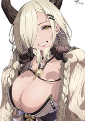  absurdres asymmetrical_bangs azur_lane black_gloves blonde_hair braid breasts cleavage commentary dated earrings female fishnets gloves grin hair_ornament hair_over_one_eye hairclip highres holding holding_own_hair horns jewelry large_breasts lips long_bangs long_hair looking_at_viewer low_twin_braids mole mole_under_mouth open_mouth owari_(azur_lane) simple_background smile solo sunebu_(snake_boo2) twin_braids upper_body very_long_hair white_background yellow_eyes 