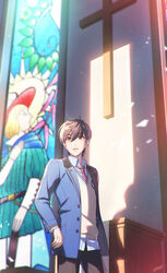  1boy arms_at_sides black_hair black_pants blazer blue_jacket blue_shirt chair church collared_shirt cowboy_shot cross day dress_shirt habataki_academy_school_uniform hair_between_eyes highres indoors jacket kazama_ryouta light_particles long_sleeves looking_away looking_to_the_side male_focus necktie open_clothes open_jacket pants parted_lips red_eyes red_necktie school_uniform shadow shirt short_hair smile solo stained_glass sweater_vest tiles tokimeki_memorial tokimeki_memorial_girl&#039;s_side_4th_heart ttnk_gc19 unbuttoned untucked_shirt 