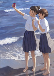  2girls barefoot beach black_hair blue_skirt brown_eyes brown_hair commentary feet full_body grin hair_bun highres holding holding_phone multiple_girls ocean open_mouth original outdoors papi_(papiron100) parted_bangs phone pleated_skirt school_uniform selfie shirt short_hair signature single_hair_bun skirt smile toes wading white_shirt 