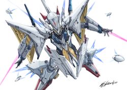  beam_saber commentary from_below funnels_(gundam) gundam gundam_hathaway&#039;s_flash kenko_(a143016) mecha no_humans penelope_(hathaway&#039;s_flash) robot science_fiction signature solo thrusters v-fin wrist_blades 