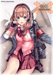  absurdres aqua_eyes artist_name assault_rifle black_gloves bow breasts brown_hair cardigan character_name collared_shirt earphones female fingerless_gloves girls&#039;_frontline gloves gun hair_ribbon highres himura_moritaka howa_type_89 howa_type_89_(girls&#039;_frontline) jacket long_hair long_sleeves open_mouth pink_cardigan pink_skirt plaid plaid_bow plaid_skirt ribbon rifle school_uniform shirt sitting skirt small_breasts solo weapon white_shirt 