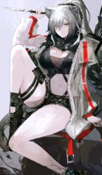  absurdres animal_ears arknights black_scarf black_shorts breasts cat_ears cleavage commentary_request commission crop_top female grey_hair highres holding holding_knife holding_weapon jacket knee_up knife large_breasts long_hair long_sleeves looking_at_viewer material_growth midriff navel open_clothes open_jacket oripathy_lesion_(arknights) reverse_grip scarf schwarz_(arknights) second-party_source short_shorts shorts sitting solo stomach thigh_strap thighs weapon white_jacket yellow_eyes yuki_flourish 