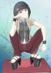  artist_name black_footwear black_hair black_shirt blue_background blunt_bangs bob_cut breasts brown_eyes brown_hair brown_shirt button_gap commentary dated desk female full_body hair_ornament huumoon kagenui_yozuru light_smile looking_at_viewer m_legs monogatari_(series) multicolored_hair navel on_desk open_clothes open_shirt overshirt pants platform_footwear platform_heels red_pants shirt short_hair signature small_breasts smile solo squatting streaked_hair striped_clothes striped_pants suspenders toes wristband 