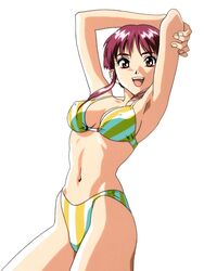  1990s_(style) arm_grab armpits arms_up bikini breasts brown_eyes covered_nipples cowboy_shot female highres looking_at_viewer medium_breasts navel non-web_source official_art open_mouth red_eyes retro_artstyle sawada_minako short_hair simple_background solo striped_bikini striped_clothes swimsuit teeth upper_teeth_only white_background yamada_masaki zenkoku_seifuku_bishoujo_grand_prix 