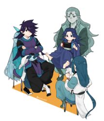  6+boys absurdres aqua_hair barefoot black_footwear black_hair blue_hair blue_robe blue_skin colored_skin diting_(the_legend_of_luoxiaohei) fengxi_(the_legend_of_luoxiaohei) highres horns kizumi-cp-loveww laojun_(the_legend_of_luoxiaohei) long_hair long_sleeves luo_xiaohei luo_xiaohei_(human) luo_xiaohei_zhanji multiple_boys pointy_ears profile robe shoes single_horn sitting sitting_on_lap sitting_on_person stool twitter_username very_long_hair white_hair wuxian_(the_legend_of_luoxiaohei) xuhuai_(the_legend_of_luoxiaohei) 