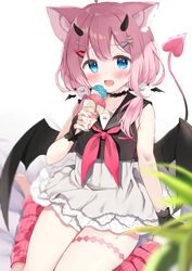  :d absurdres ahoge animal_ear_fluff animal_ears bare_shoulders bed_sheet black_gloves black_sailor_collar black_shirt black_wings blue_eyes blurry blurry_foreground blush collarbone commentary_request commission demon_girl demon_horns demon_tail demon_wings depth_of_field double_scoop female fingerless_gloves food gloves high-waist_skirt highres holding holding_food horns ice_cream ice_cream_cone indie_virtual_youtuber kujou_danbo leg_warmers looking_at_viewer low_twintails nail_polish neckerchief pink_hair pink_legwear pink_nails pixiv_commission red_neckerchief revision sailor_collar sakurada_hane shirt short_twintails sitting skirt sleeveless sleeveless_shirt smile socks solo striped_clothes striped_socks tail twintails vertical-striped_clothes vertical-striped_socks virtual_youtuber wariza white_background white_skirt wings 