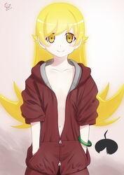  ahoge araragi_koyomi arms_at_sides artist_name blonde_hair blush_stickers borrowed_clothes bracelet brown_hoodie closed_mouth collarbone commentary dated female flat_chest flipped_hair gradient_background green_bracelet hair_flaps hands_in_pockets hood hood_down hoodie huumoon jewelry long_hair looking_at_viewer monogatari_(series) naked_hoodie navel no_bra open_clothes open_hoodie oshino_shinobu partially_unzipped petite pink_background plunging_neckline ringed_eyes signature simple_background smile solo unzipped upper_body yellow_eyes 