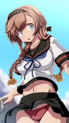  547th_sy anchor_symbol black_sailor_collar black_skirt blue_eyes blue_neckwear braid breasts brown_hair clothes_writing cloud cosplay day female fubuki_(kancolle) fubuki_(kancolle)_(cosplay) hachimaki hair_between_eyes hair_ornament headband highres kantai_collection long_hair medium_breasts midriff navel open_mouth outdoors panties pantyshot propeller_hair_ornament red_panties rigging sailor_collar school_uniform serafuku short_sleeves skirt sky solo teruzuki_(kancolle) twin_braids underwear wind wind_lift 