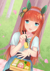  animal_ears aqua_eyes bento blush chopsticks ear_covers female food highres hime_cut holding holding_chopsticks horse_ears horse_girl long_hair looking_at_viewer omelet open_mouth orange_hair sakurakkuma silence_suzuka_(umamusume) smile solo tamagoyaki umamusume 