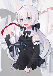  :d absurdres black_bow black_dress black_sleeves blue_eyes blue_ribbon bouquet bow commentary_request detached_sleeves dress female flower frilled_dress frills grey_background grey_hair hairbow highres holding holding_bouquet honkai_(series) honkai_impact_3rd jzyy299 long_hair long_sleeves low_twintails red_flower ribbon signature simple_background sleeveless sleeveless_dress sleeves_past_wrists smile solo theresa_apocalypse twintails very_long_hair zoom_layer 