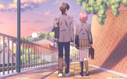  1boy arm_at_side arms_at_sides bag black_hair black_pants black_skirt blazer bob_cut briefcase brown_footwear building contrail facing_to_the_side female from_behind habataki_academy_school_uniform highres holding holding_bag imminent_hand_holding jacket kazama_ryouta kneehighs loafers long_sleeves miniskirt outdoors pants pink_hair plant pleated_skirt protagonist_(tokimemo_gs4) railing retaining_wall road school_bag school_uniform shoes short_hair skirt sky socks tokimeki_memorial tokimeki_memorial_girl&#039;s_side_4th_heart ttnk_gc19 twilight walking white_footwear wide_shot 