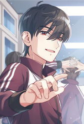  3boys black_hair brown_hair day facing_away from_behind gym_uniform hair_between_eyes hallway highres jacket kazama_ryouta light_particles looking_at_viewer looking_back male_focus multiple_boys outstretched_arm reaching reaching_towards_viewer red_eyes red_jacket short_hair smile solo_focus tokimeki_memorial tokimeki_memorial_girl&#039;s_side_4th_heart track_jacket ttnk_gc19 upper_body 