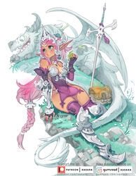  1other apple armor armored_boots bag blush bone boobplate boots braid breasts choker dragon earrings eating elf english_commentary fantasy female fingernails food fruit full_body greatsword green_apple green_eyes headgear highres jewelry long_hair long_pointy_ears low-tied_long_hair multi-tied_hair original pauldrons pelvic_curtain pink_hair planted planted_sword plunging_neckline pointy_ears puckered_lips purple_nails purple_theme purple_thighhighs purple_tunic shoulder_armor single_braid single_pauldron small_breasts solo_focus sword thighhighs thighhighs_under_boots vambraces very_long_hair weapon xaxaxa 