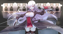  azur_lane black_thighhighs breasts character_name cleavage dress dunkerque_(azur_lane) english_text eternity_(shadeh) female gloves hand_up highres holding holding_sword holding_weapon long_hair looking_at_viewer medium_breasts open_mouth purple_eyes red_gloves solo standing sword thighhighs weapon white_hair 