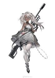  absurdres anti-materiel_rifle arm_tattoo barcode barcode_tattoo bare_shoulders bipod black_footwear black_gloves bolt_action boots breasts dark-skinned_female dark_skin dress eyepatch female full_body girls&#039;_frontline gloves gun gun_sling hairband highres hs.50_(girls&#039;_frontline) long_hair looking_at_viewer official_art pantyhose rifle sawamaharu simple_background sleeveless sleeveless_dress small_breasts sniper_rifle solo steyr_hs_.50 tattoo twintails weapon weapon_on_back white_background white_dress white_hair white_pantyhose 