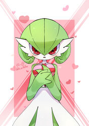  absurdres artist_name blush bob_cut border box colored_skin commentary cowboy_shot female gardevoir gift green_hair green_skin hair_between_eyes hands_up heart heart-shaped_box highres holding holding_gift ka_ei_volltis looking_at_viewer multicolored_skin open_mouth outside_border own_hands_together pink_background pokemon pokemon_(creature) red_eyes short_hair signature solo standing straight-on twitter_username two-tone_skin valentine white_border white_skin 