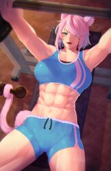  abs absurdres animal_ears barbell bench_press blue_eyes breasts buttslayer cat_ears cat_girl cat_tail dumbbell exercising facial_mark female final_fantasy final_fantasy_xiv green_eyes gym hair_over_one_eye highres muscular muscular_female open_mouth pink_hair shorts solo sweat tail tank_top warrior_of_light_(ff14) whisker_markings 