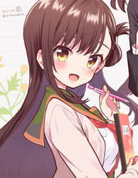  2girls :d artist_logo beige_cardigan blush book bookmark brown_eyes brown_hair cardigan chiba_sadoru close-up commentary_request dated fingernails floating_hair folded_hair from_side gakkou_gurashi! green_sailor_collar grey_background hands_up holding holding_book holding_pencil long_hair long_sleeves looking_at_viewer looking_to_the_side lower_teeth_only mechanical_pencil megurigaoka_high_school_uniform mole mole_under_eye multiple_girls neckerchief official_art open_mouth out_of_frame parted_bangs pencil red_neckerchief sailor_collar school_uniform smile solo_focus teeth textbook twitter_username upper_body wakasa_yuuri 