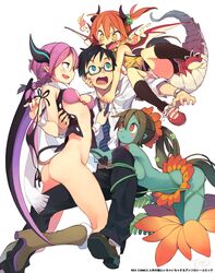  1boy 3girls belt belt_buckle blue_eyes blush boots bottomless bra buckle constricted_pupils copyright_request demon_girl demon_tail demon_wings dragon_girl dragon_tail dragon_wings dress_shirt fire flower glasses green_eyes green_hair hair_ornament harem high_heel_boots high_heels highres horns monster_girl morino_hon multiple_girls nail_polish necktie open_clothes open_mouth orange_eyes orange_hair panties plant plant_girl purple_hair shirt shoes socks straight sweatdrop tail twintails underwear undressing wings yellow_eyes 