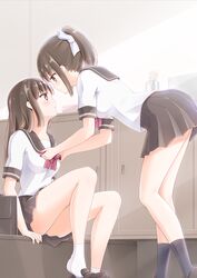  2girls adjusting_bow ankle_socks bag black_footwear black_legwear bookbag bow breasts brown_eyes brown_footwear brown_hair commentary_request eye_contact flower hairbow highres indoors kamakama_(kdmorh_kamakama) long_hair looking_at_another medium_breasts multiple_girls original pleated_skirt ponytail red_bow school_uniform serafuku sitting skirt socks vase white_bow white_legwear yuri 