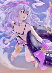  absurdres bikini bow collarbone eyelashes female floating frilled_innertube gold_necklace hairbow highres holding holding_swim_ring innertube jewelry long_hair medusa_(shingeki_no_bahamut) medusa_(summer)_(granblue_fantasy) navel necklace open_mouth osome_tei pink_bow pink_gemstone purple_hair purple_innertube red_eyes sandals shingeki_no_bahamut solo swim_ring swimsuit teeth toenails upper_teeth_only very_long_hair white_bikini white_footwear 