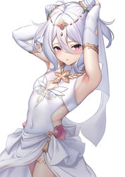  ahoge antenna_hair armpits arms_up bare_shoulders bridal_gauntlets cleavage_cutout clothing_cutout cone_hair_bun covered_navel cowboy_shot double_bun dress female flat_chest gold_trim hair_between_eyes hair_bun hair_ears highres kokkoro_(ceremonial)_(princess_connect!) kokkoro_(princess_connect!) long_hair looking_at_viewer parted_lips princess_connect! purple_eyes sideless_outfit simple_background solo thighlet tiara wedding_dress white_background white_dress white_hair ym_(distance819) 