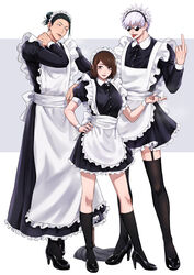  2boys absurdres apron black_dress black_eyes black_footwear black_hair black_legwear blue_eyes brown_hair cigarette crossdressing dress ear_piercing female full_body getou_suguru gojou_satoru grey_background hair_bun hair_pulled_back hand_on_own_hip hand_on_own_neck high_heels highres holding holding_cigarette ieiri_shoko jujutsu_kaisen long_sleeves looking_at_another maid maid_apron maid_headdress middle_finger miniskirt mole mole_under_eye mouth_hold multiple_boys open_mouth piercing short_sleeves simple_background single_hair_bun skirt smile smoking standing sunglasses swept_bangs thighhighs tongue tongue_out two-tone_background white_apron white_background white_hair xxhane 