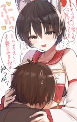  1boy absurdres animal_ears black_hair blue_archive blush breast_pillow breast_smother breasts commentary detached_sleeves emirio_(emirio110) face_to_breasts female hair_between_eyes halo headpat heart highres hug long_sleeves open_mouth red_halo red_sailor_collar sailor_collar sensei_(blue_archive) short_hair simple_background speech_bubble straight sweat translated tsubaki_(blue_archive) upper_body white_background 