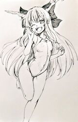  ;d bow breasts commentary_request competition_swimsuit d-m_(dii_emu) female hairbow horns ibuki_suika long_hair looking_at_viewer navel one-piece_swimsuit one_eye_closed open_mouth small_breasts smile solo standing standing_on_one_leg swimsuit touhou 