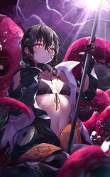  absurdres bikini bikini_top_only black_bikini breasts brown_hair bubble cleavage collar diving_suit dry_suit ear_piercing english_commentary female girls&#039;_frontline girls&#039;_frontline_neural_cloud hair_between_eyes hatsuchiri_(neural_cloud) highres holding holding_weapon jewelry key key_necklace long_hair looking_at_viewer metal_collar mole mole_on_breast mole_under_eye navel necklace open_wetsuit piercing polearm red_eyes small_breasts solo stomach swimsuit tentacle upper_body van.elv weapon wet wet_hair 