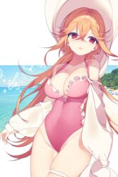  absurdres azur_lane bad_id bad_pixiv_id beach blonde_hair blush breasts cleavage crossed_bangs female hat highleg highleg_swimsuit highres large_breasts long_hair looking_at_viewer myao_(o3o333) navel official_alternate_costume one-piece_swimsuit pink_one-piece_swimsuit richelieu_(azur_lane) richelieu_(fleuron_of_the_waves)_(azur_lane) solo sun_hat swimsuit very_long_hair 